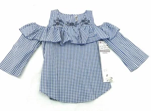 Beauties Cold Shoulder Top Girls Blue and White Checked Summer Casual Shirt - Picture 1 of 12