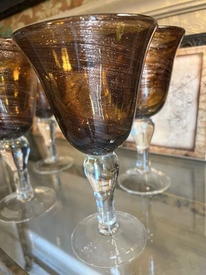 Pier 1 Handblown Glass Gold Glitter Brown Swirl Amber Water Wine Goblet 4 PC Set - Image 1 of 4