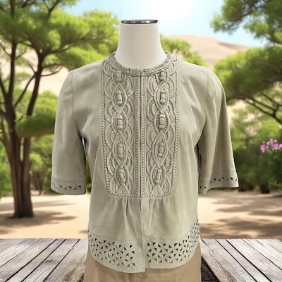 Top Elie Tahari Gamuza Bordado Pequeño Corte Láser Boho Western Luxe Beige Foto 1 de 4