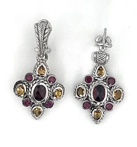 JUDITH RIPKA STERLING SILVER Multi Gem RED CORUNDUM & CITRINE DROP EARRINGS - Picture 1 of 3
