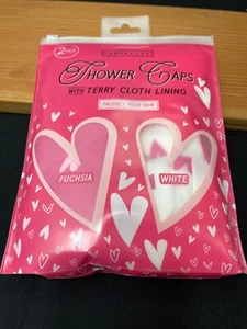 2 Dabney Lee Shower Caps with Terry Cloth Linings: Hearts Fuchsia and White NEW - Picture 1 of 5