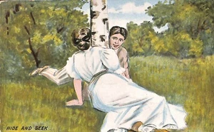 COUPLE PLAYING HIDE AND SEEK Love Postcard Posted 1908 East Dubuque Illinois - Picture 1 of 2