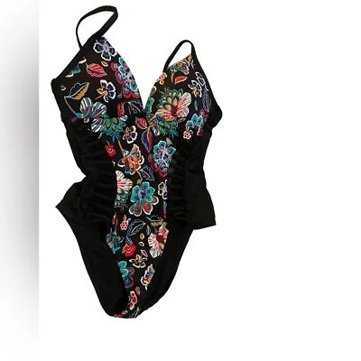 a.n.a. black and floral one-piece swimsuit mesh cutouts size 6 Foto 1 de 4