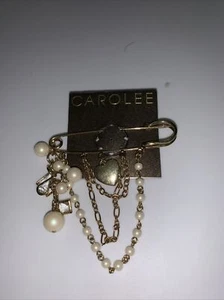 $55 Carolee gold tone safety pin design pearl heart Brooch3”w X2-3/4”L CS401 - Picture 1 of 4