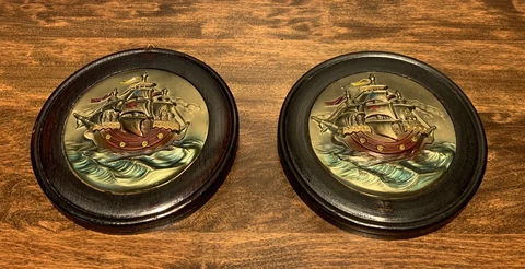 Antique Framed Nautical Ship Raised Art Metal Pair Of Round Wall Hangings Cover