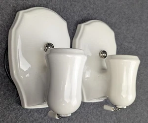 Pair of ALABAX White Porcelain Pull Chain Sconces, Rewired & Restored - Picture 1 of 11