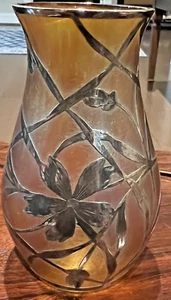 RARE Loetz Golden Amber Vase with Sterling Silver Overlay Botanical Motif - 6.5" - Picture 1 of 14