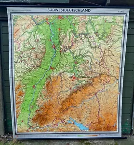 ORIGINAL VINTAGE OLD SCHOOL PULL DOWN MAP OF SOUTH WEST GERMANY 210CM X 175CM - Foto 1 di 11