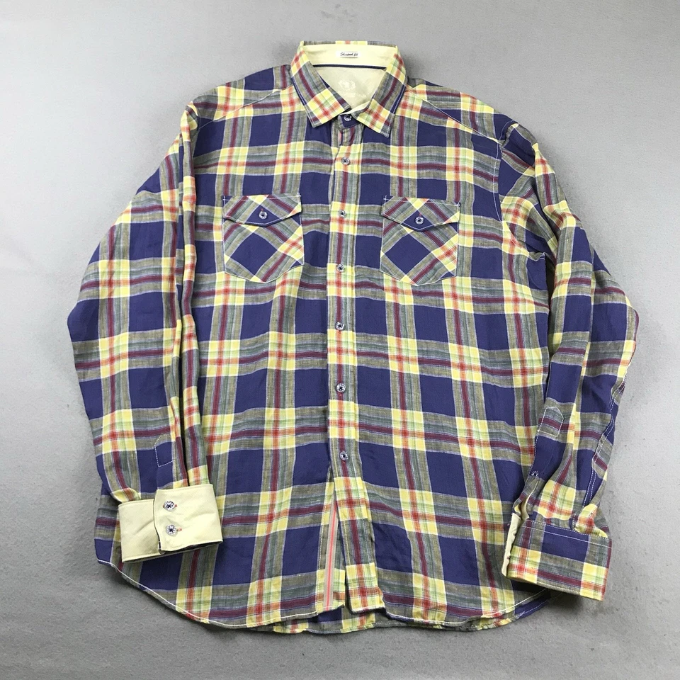 Bugatchi Uomo Shirt Mens XXL Blue Plaid Linen Shaped Fit Long Sleeves Button Up - Image 1 of 4