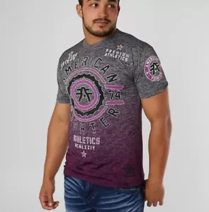Nuova T-shirt uomo American Fighter Premium Athletic MMA grigia/viola XS-4XL - Foto 1 di 1