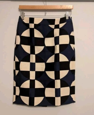 J. Crew No. 2 Pencil Skirt Black Cream Blue Geometric Pint Wool & Silk Size 2 - Изображение 1 из 4