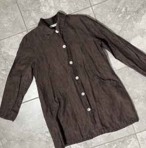Bryn Walker Linen Longline Long Sleeve Button Blazer Jacket Lagenlook Brown M - Picture 1 of 19