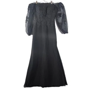 New Black Wedding Dress Sz 10 Off Shoulder Maxi Slim Lace Applique Goth Witchy - Picture 1 of 17