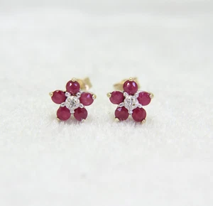 9ct Gold Natural Ruby Diamond Stud Earrings - Picture 1 of 6