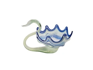 Vintage Hand Blown Glass Swan Bowl Mid Century Art Glass Green Blue Swirls 12x9" - Picture 1 of 13