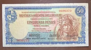 URUGUAY 50 pesos Law of 1939 P38a AVF warrior / people with flag - Picture 1 of 3