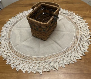 Heavy Natural Linen Table Topper 36" Round-Hand Crochet 5" Edge "AS IS" - Picture 1 of 11
