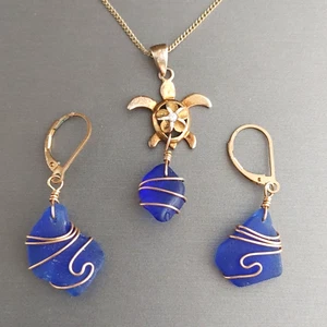 Artisan Sea Turtle Pendant Necklace Glass Earrings Set Sterling Gold Filled 18” - Picture 1 of 10