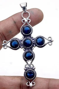 925 Sterling Silver Blue Sapphire Gemstone jewelry Handmade Cross Pendant - Picture 1 of 2