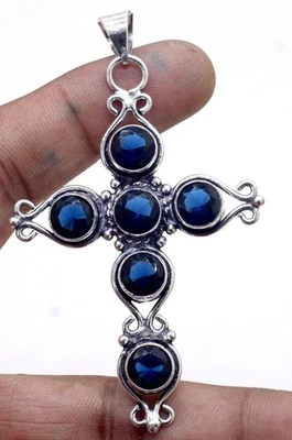925 Sterling Silver Blue Sapphire Gemstone jewelry Handmade Cross Pendant - Image 1 of 2