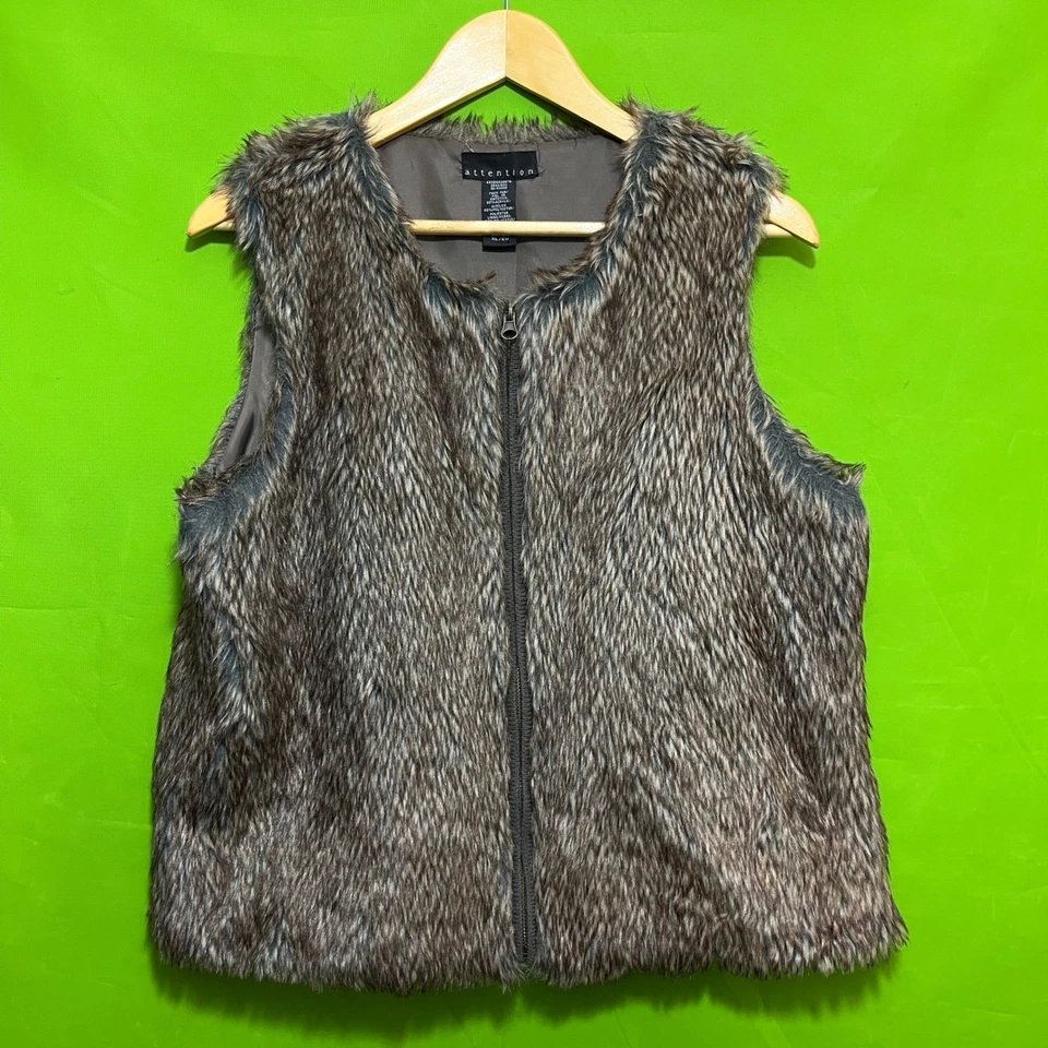XL Vtg Y2K 90s Attention Womens Faux Fur Vest Zip Up Gray Brown - Image 1 of 4