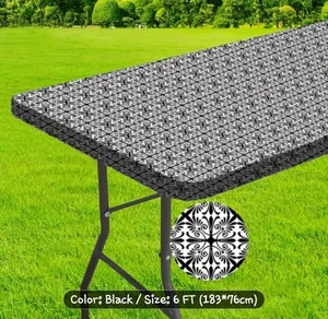 Washable 6ft Outdoor Black & White Geometric Table Cover Elastic Edges - Picture 1 of 4