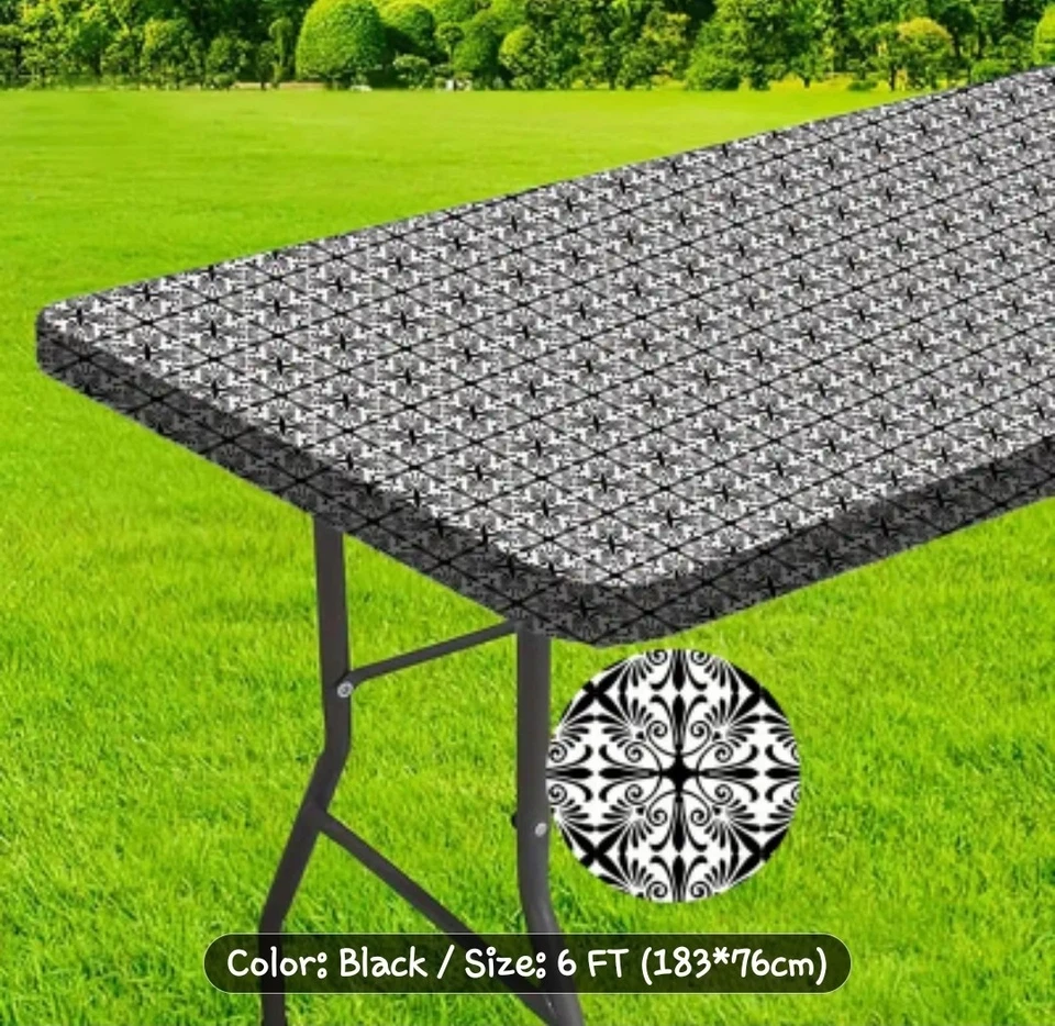 Washable 6ft Outdoor Black & White Geometric Table Cover Elastic Edges - Image 1 of 4