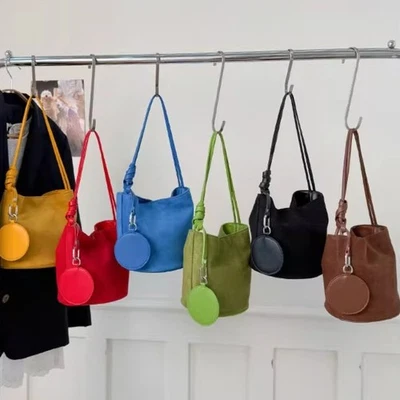 Women Retro Bucket Bag Faux Suede Single Shoulder Bag Small Tote Bag Handbag - Image 1 of 4