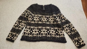Maglione Design Lab Donna Grande Nero Panna Maglia Ciglia Jacquard Pullover Morbido - Foto 1 di 16