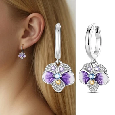 KUNSIR 925 Sterling Silver Purple Pansy Dangle Earrings Women Girls Jewelry Gift - Image 1 of 4