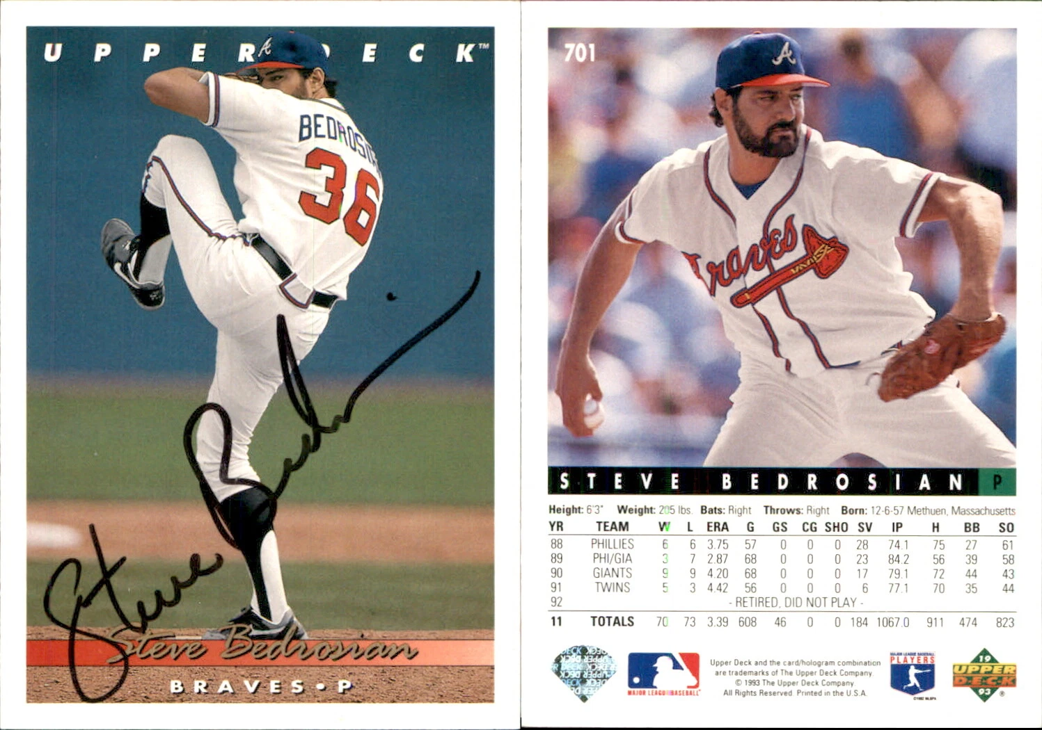 Steve Bedrosian Signed 1993 Upper Deck #701 Card Atlanta Braves Auto AU
