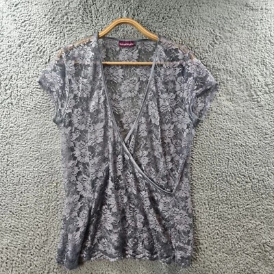 Vinatge Suzanne Grae Womens Wrap Top Size 14 Grey Sheer Lace Short Sleeve V-Neck - Image 1 of 4