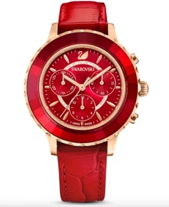 Swarovski Octea Lux Chrono, Red Leather Rose Gold Tone Watch New, Gift Boxed - Picture 1 of 6