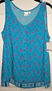 NWT MUDD GIRLS SZ 14 TEAL WOVEN POCKET TANK, 6 FRONT DECO BUTTONS, PINK HEARTS - Picture 1 of 2