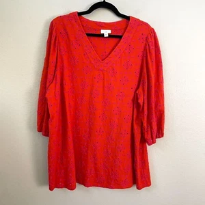 J. Jill Womens XL Eyelet Tunic Top Orange Pink Embroidered Floral Shirt - Picture 1 of 10