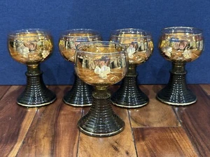 Antique 19th Century German Gilded Glass Rummer Wine Glasses Set Of 5 - Picture 1 of 8