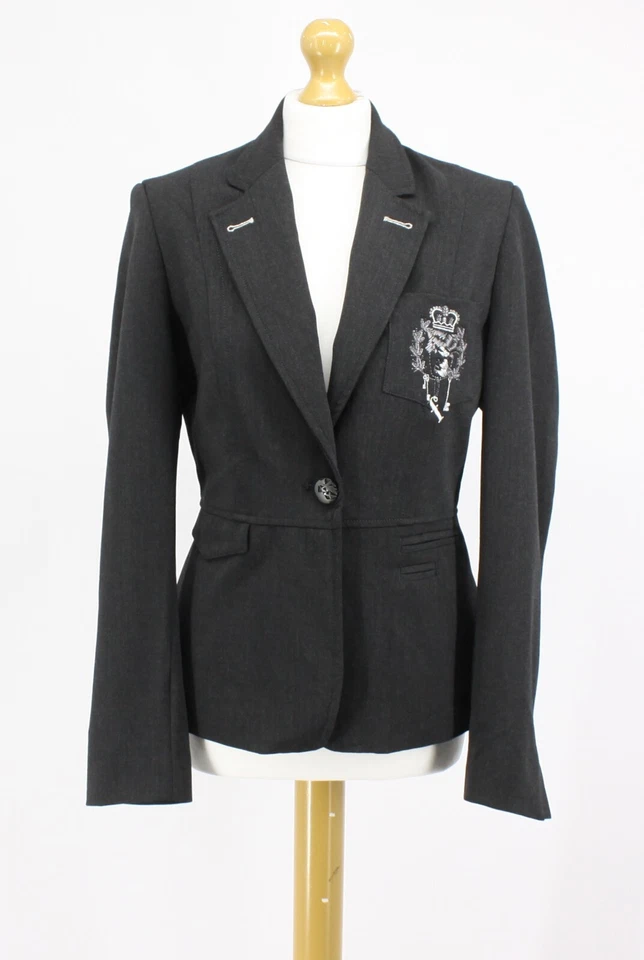 FIRETRAP WOMENS LUDOVICA WOOL  BLEND EMBROIDERED LOGO CHARCOAL BLAZER - Image 1 of 4