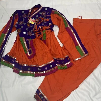 Traje de Baile Garba Tradicional Indio Chaniya Choli Niños Naranja Púrpura Espejo Foto 1 de 4