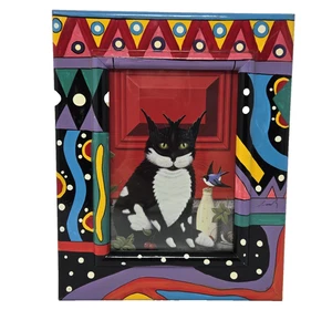 Crafty Cat Art KARTENEINLAGE im handbemalten bunten Bilderrahmen signiert Lou R? - Bild 1 von 20