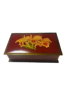 Antique Circa 1920 Canco Deep Red Tin Orange Orchids 8x4.75” Handpainted - Picture 1 of 13