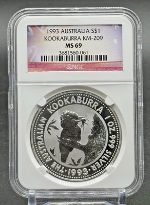 Australia Kookaburra 1993 1 OZ plata $1 dólar NGC MS69 etiqueta bandera Foto 1 de 4