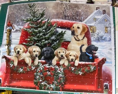 PUPPY DOGS CHRISTMAS TREE RED TRUCK WINTER HOLIDAY COTTON FABRIC PANEL - Image 1 of 2