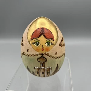 Russian Hand Painted  Wooden Easter Egg Doll Girl 3" Gold Red Hair Florals - Picture 1 of 6