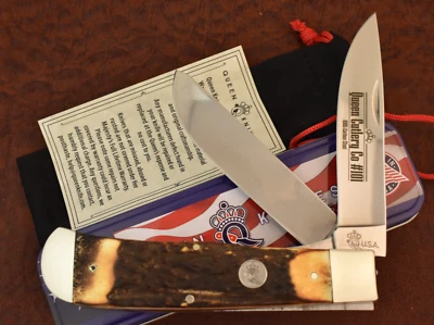 MADE IN USA QUEEN CUTLERY CO BURNT STAG JUMBO TRAPPER LINER LOCK KNIFE (23239) — 第 1/4 张图片