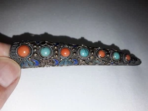 VINTAGE CHINESISCHE FINGERSCHUTZ BROSCHE MIT TÜRKIS UND KORALLENSTEINEN. - Bild 1 von 7