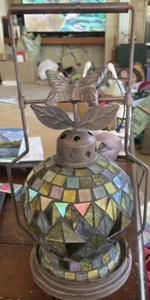 Mosaic Glass Garden Patio Candle Holder Lantern with Handle Butterfly 13” - Picture 1 of 6