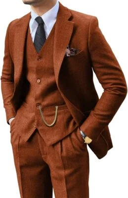 Para hombres 3 Piezas Calce Ajustado Tweed Traje Espiga Chaqueta Chaleco Pantalones Boda Baile de graduación Foto 1 de 4