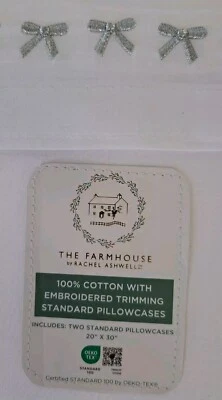 RACHEL ASHWELL Cotton Pillowcase Std. Size W/Embroidered Silver Bows White Pair  - Image 1 of 4