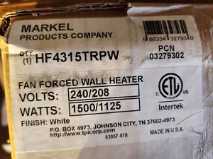 NEW MARKEL HF4315TRPW 208/240V 1500/1125W Electric Wall Heater SHIPS FREE - Picture 1 of 6