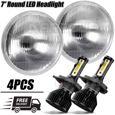 Pair 7" Inch Round Chrome Housing LED Headlights for Jeep CJ5 CJ6 Utility 2-Door - Изображение 1 из 4